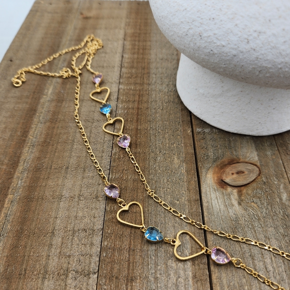 Long Goldtone Necklace w/ Lovely Pink & Blue Hearts • 18"